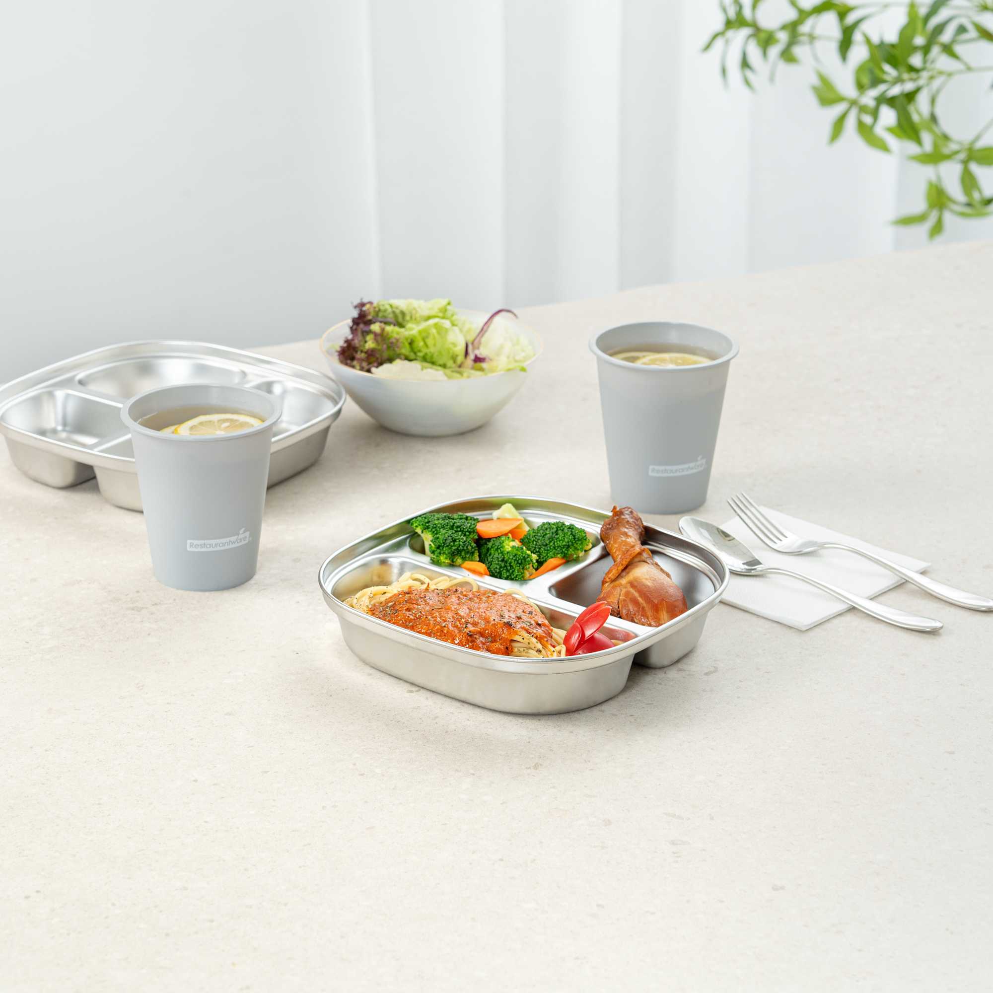 Met Lux Ambidextrous Square Stainless Steel Tray - 3 Compartments - 7 3/4" x 7 3/4" x 1 3/4" - 20 count box