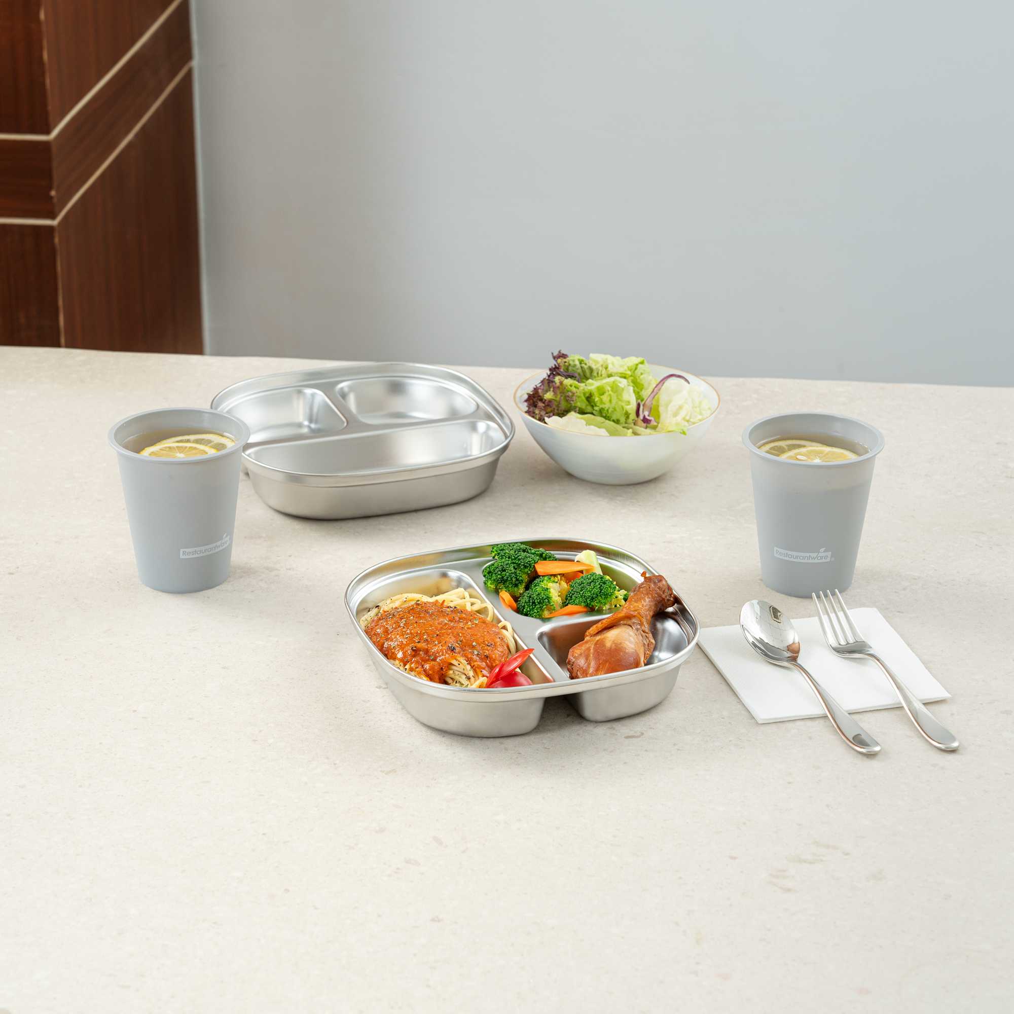 Met Lux Ambidextrous Square Stainless Steel Tray - 3 Compartments - 7 3/4" x 7 3/4" x 1 3/4" - 20 count box