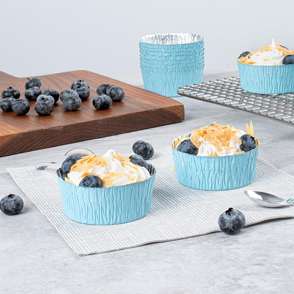 Pastry Tek 3 oz Round Blue Foil Ramekin Cup - 3/4" x 3/4" x 1/2" - 200 count box