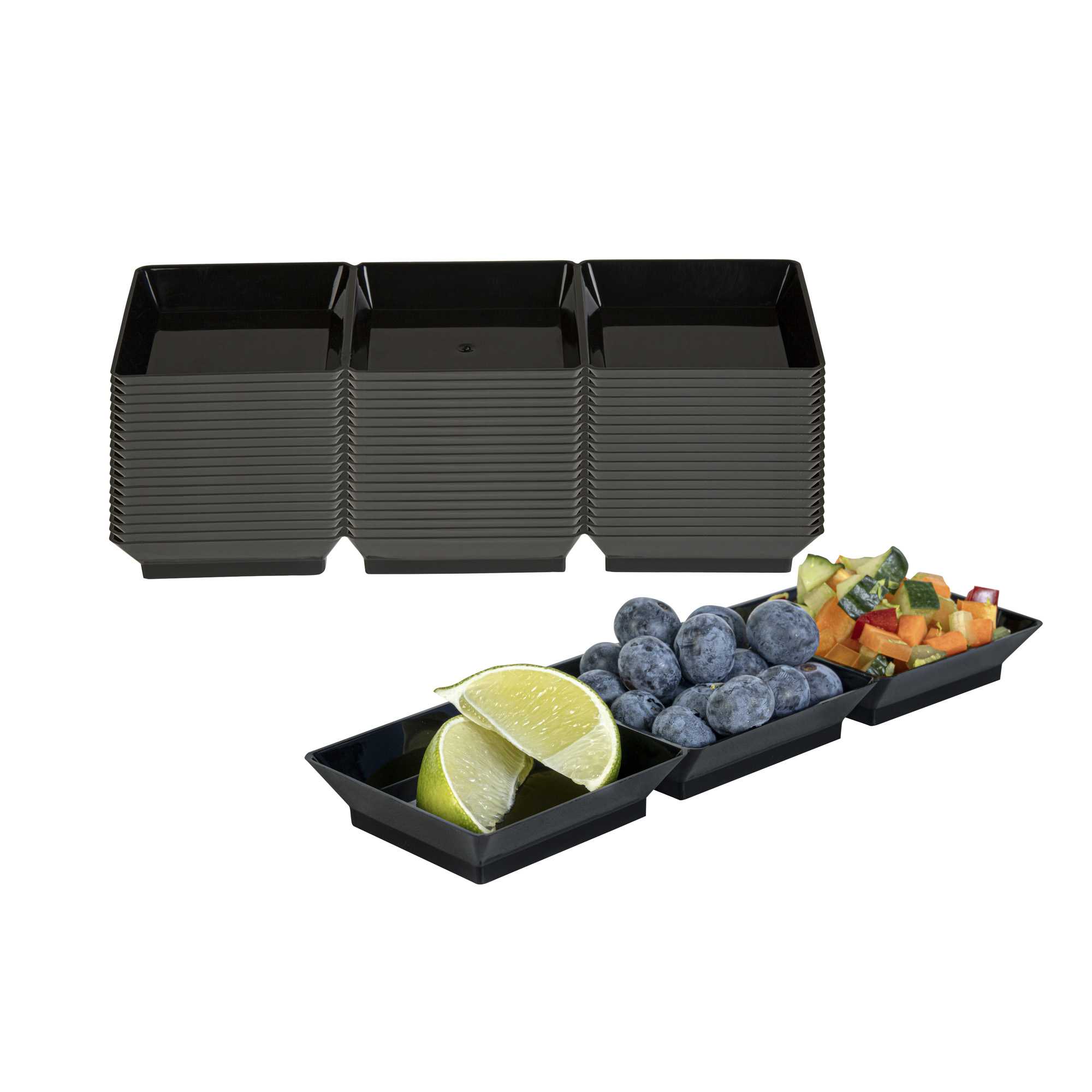 Mini Serve Rectangle Black Plastic Terzetto Mini Plate - 3 Compartments - 7 1/2" x 2 1/2" x 1/2" - 20 count box