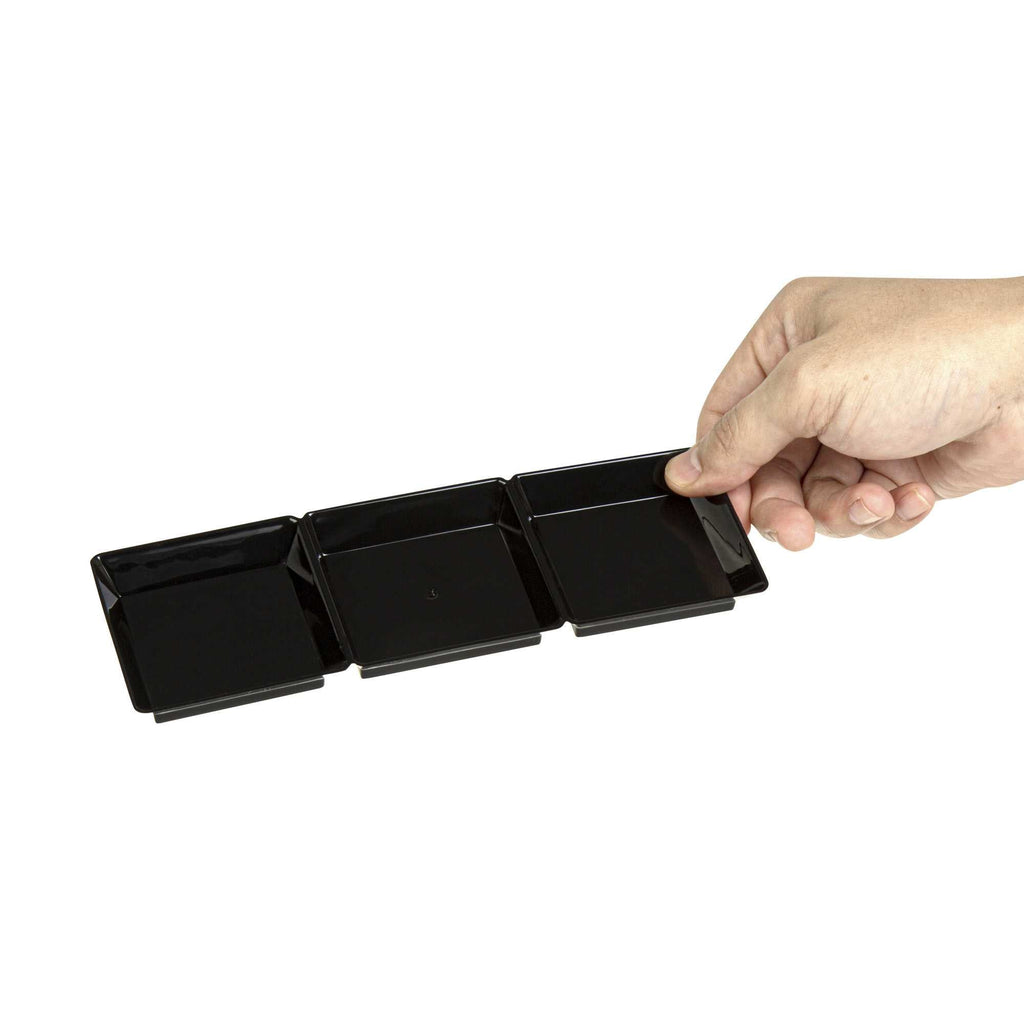 Mini Serve Rectangle Black Plastic Terzetto Mini Plate - 3 Compartments - 7 1/2" x 2 1/2" x 1/2" - 20 count box