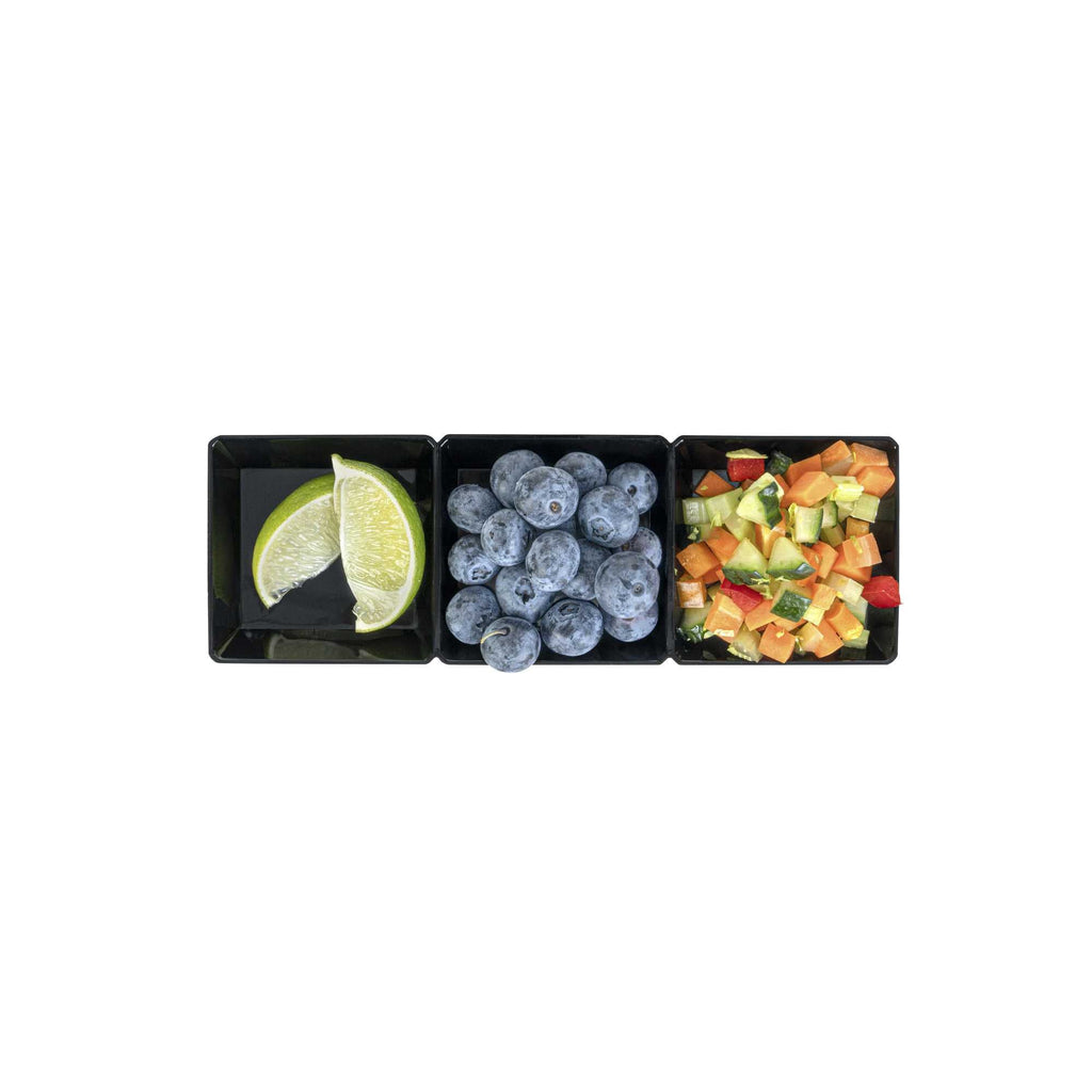 Mini Serve Rectangle Black Plastic Terzetto Mini Plate - 3 Compartments - 7 1/2" x 2 1/2" x 1/2" - 20 count box