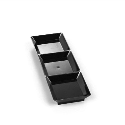 Mini Serve Rectangle Black Plastic Terzetto Mini Plate - 3 Compartments - 7 1/2" x 2 1/2" x 1/2" - 20 count box
