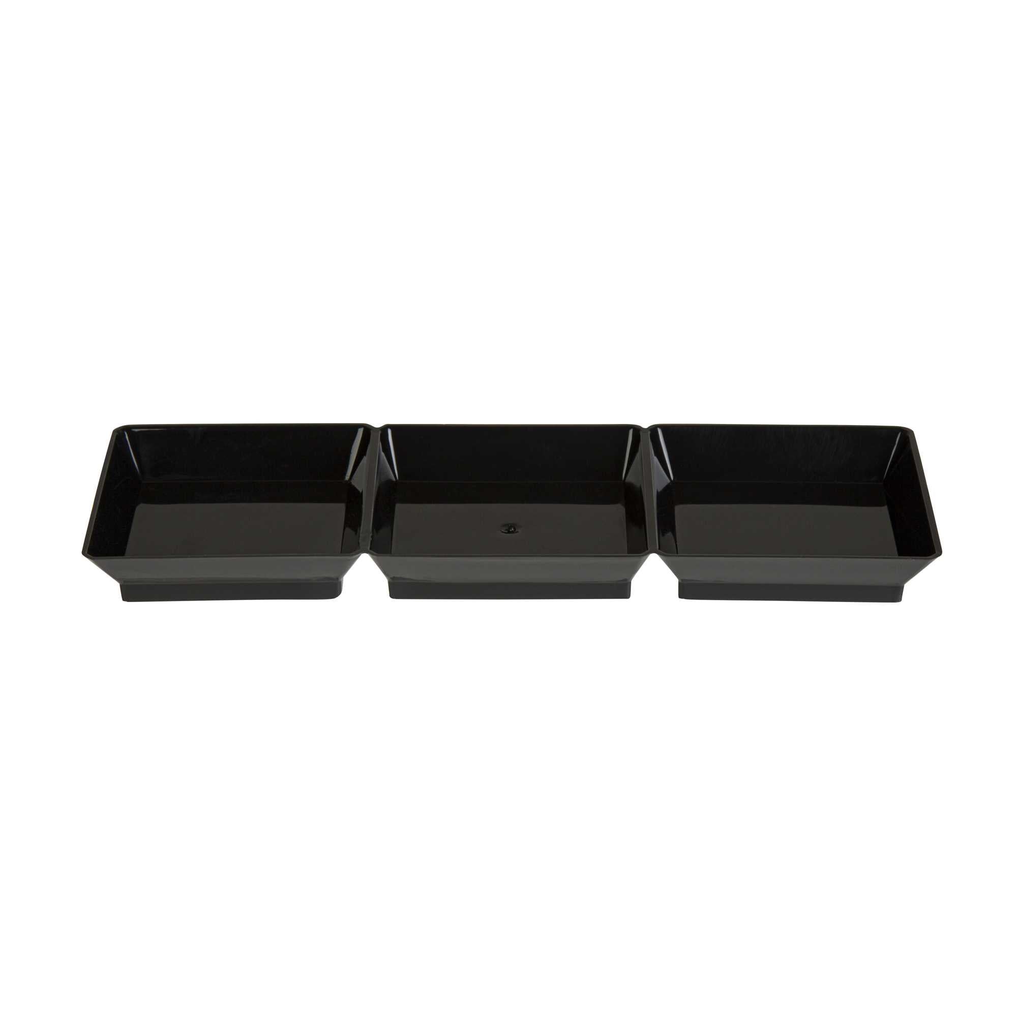Mini Serve Rectangle Black Plastic Terzetto Mini Plate - 3 Compartments - 7 1/2" x 2 1/2" x 1/2" - 20 count box