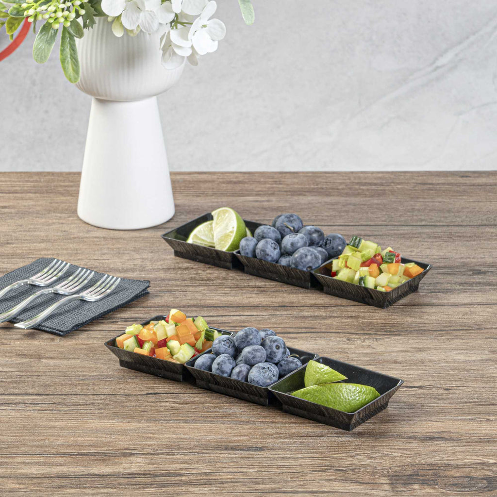 Mini Serve Rectangle Black Plastic Terzetto Mini Plate - 3 Compartments - 7 1/2" x 2 1/2" x 1/2" - 20 count box