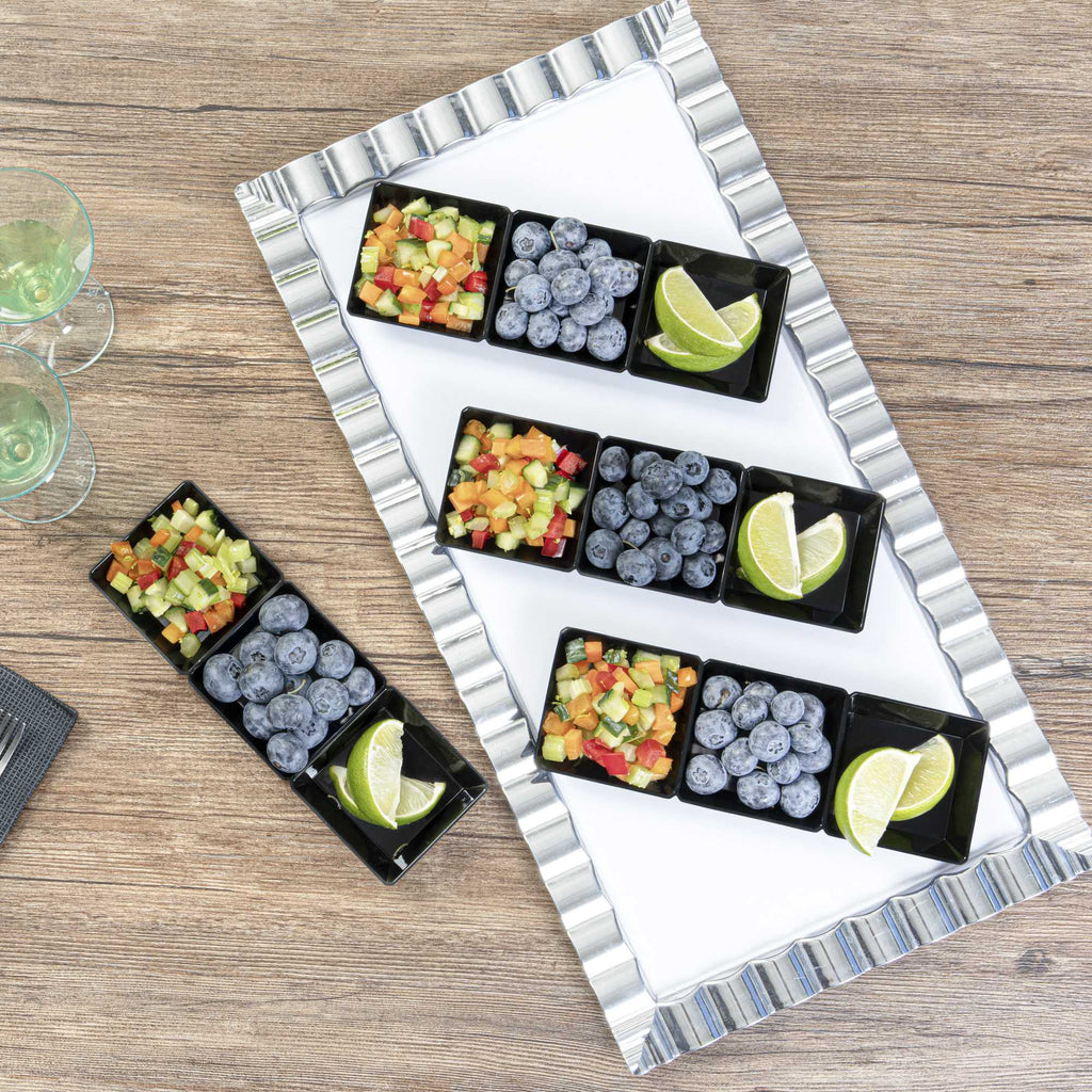 Mini Serve Rectangle Black Plastic Terzetto Mini Plate - 3 Compartments - 7 1/2" x 2 1/2" x 1/2" - 20 count box