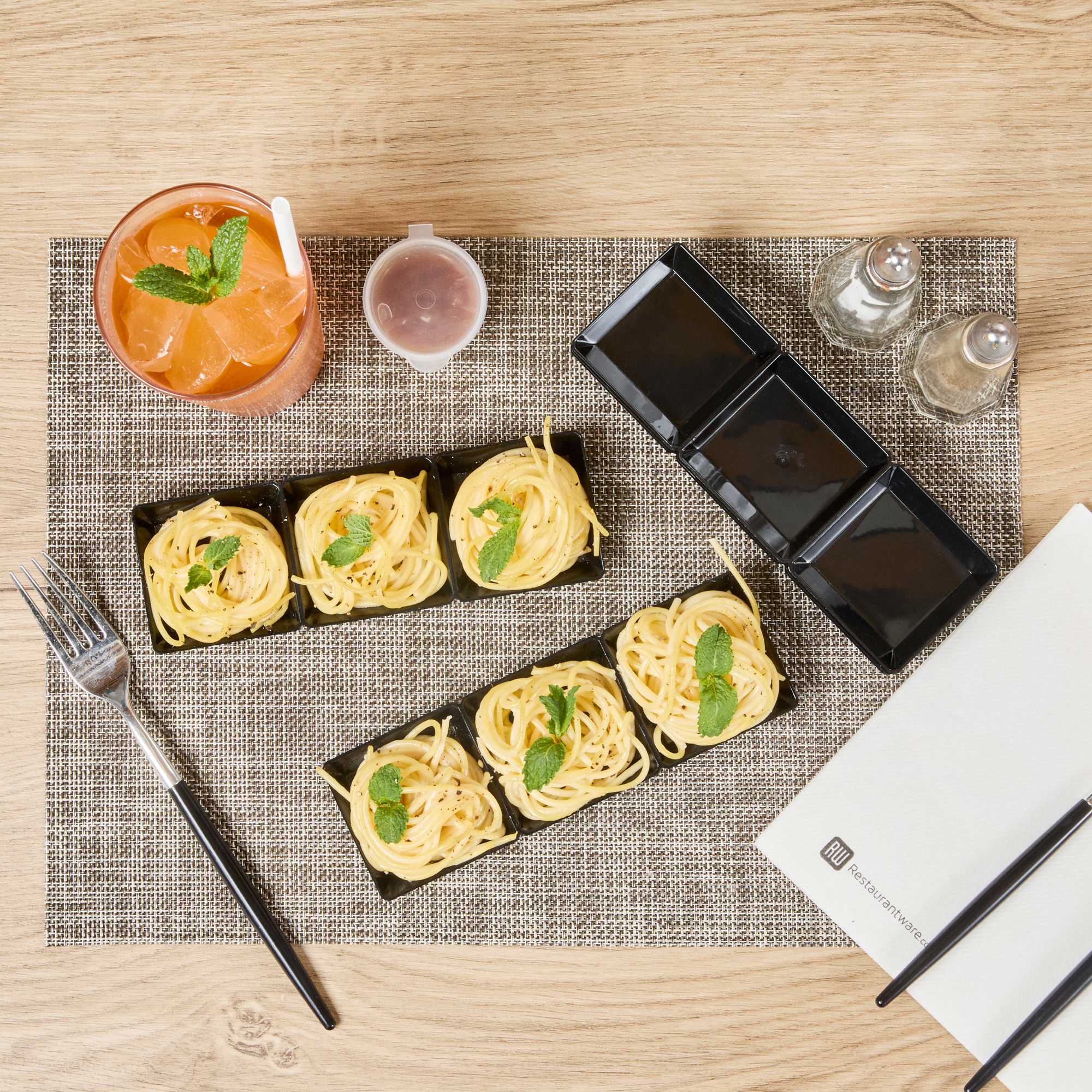 Mini Serve Rectangle Black Plastic Terzetto Mini Plate - 3 Compartments - 7 1/2" x 2 1/2" x 1/2" - 20 count box