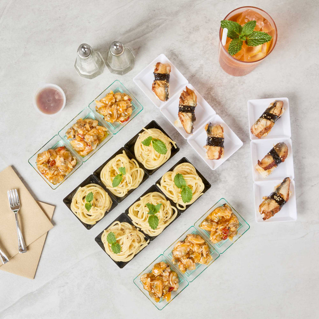Mini Serve Rectangle Black Plastic Terzetto Mini Plate - 3 Compartments - 7 1/2" x 2 1/2" x 1/2" - 20 count box