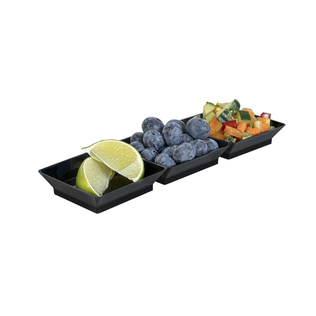 Mini Serve Rectangle Black Plastic Terzetto Mini Plate - 3 Compartments - 7 1/2" x 2 1/2" x 1/2" - 100 count box