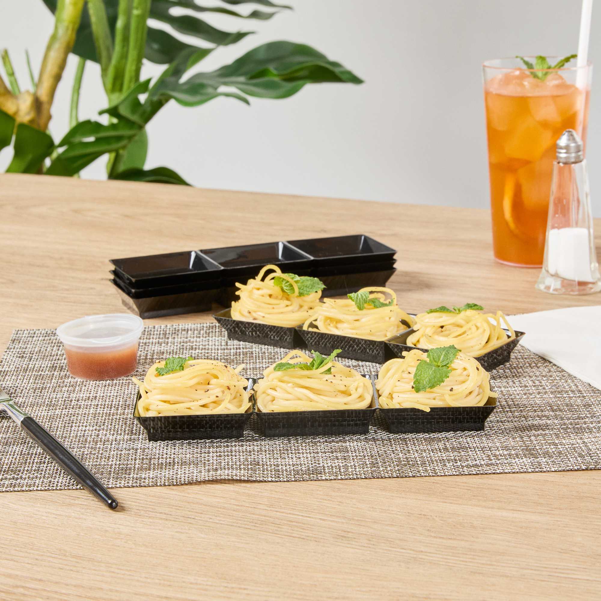 Mini Serve Rectangle Black Plastic Terzetto Mini Plate - 3 Compartments - 7 1/2" x 2 1/2" x 1/2" - 100 count box