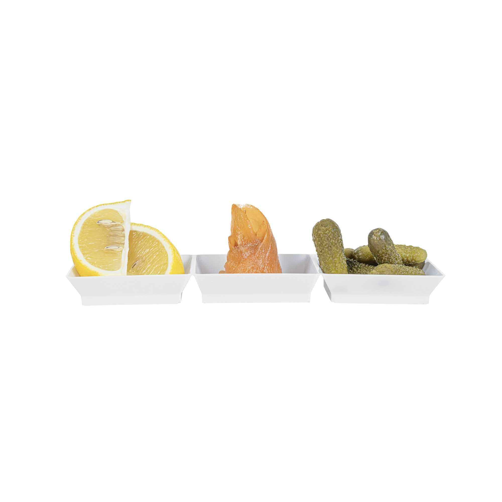 Mini Serve Rectangle White Plastic Terzetto Mini Plate - 3 Compartments - 7 1/2" x 2 1/2" x 1/2" - 20 count box