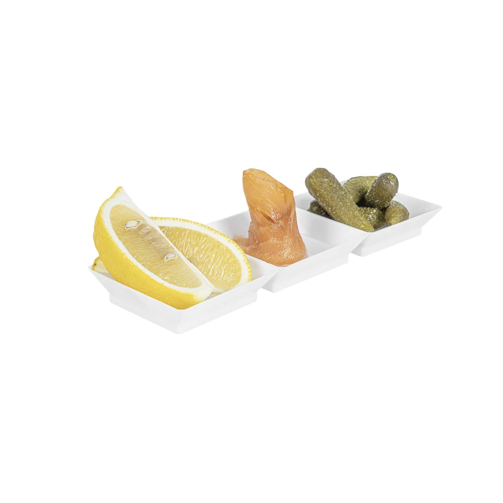 Mini Serve Rectangle White Plastic Terzetto Mini Plate - 3 Compartments - 7 1/2" x 2 1/2" x 1/2" - 20 count box