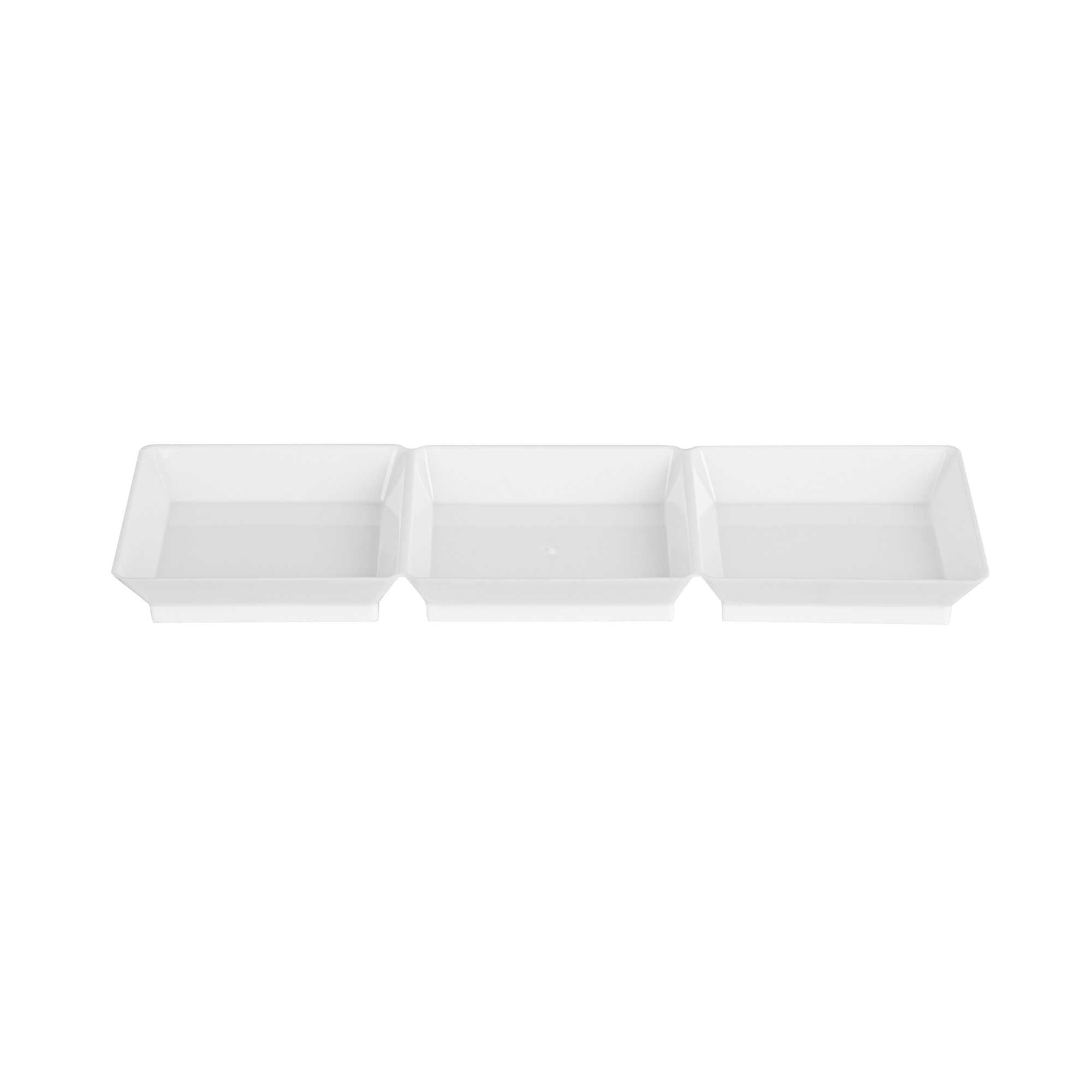 Mini Serve Rectangle White Plastic Terzetto Mini Plate - 3 Compartments - 7 1/2" x 2 1/2" x 1/2" - 20 count box