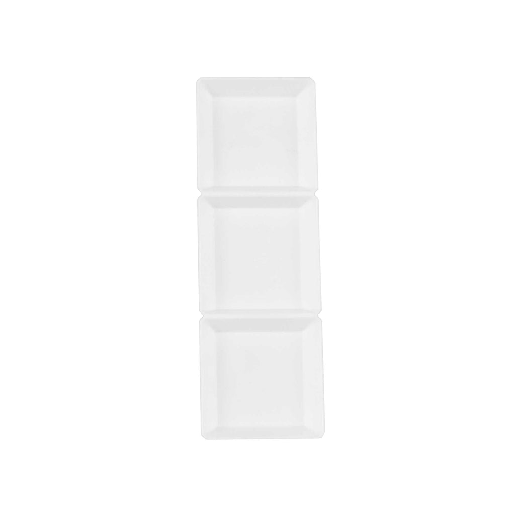 Mini Serve Rectangle White Plastic Terzetto Mini Plate - 3 Compartments - 7 1/2" x 2 1/2" x 1/2" - 20 count box