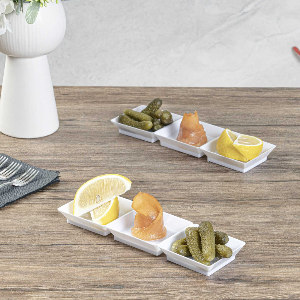 Mini Serve Rectangle White Plastic Terzetto Mini Plate - 3 Compartments - 7 1/2" x 2 1/2" x 1/2" - 20 count box