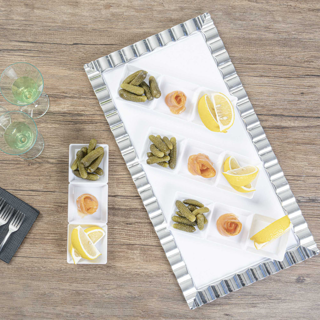 Mini Serve Rectangle White Plastic Terzetto Mini Plate - 3 Compartments - 7 1/2" x 2 1/2" x 1/2" - 20 count box