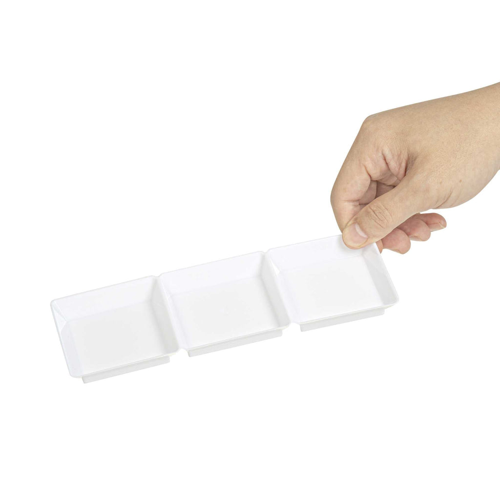 Mini Serve Rectangle White Plastic Terzetto Mini Plate - 3 Compartments - 7 1/2" x 2 1/2" x 1/2" - 100 count box