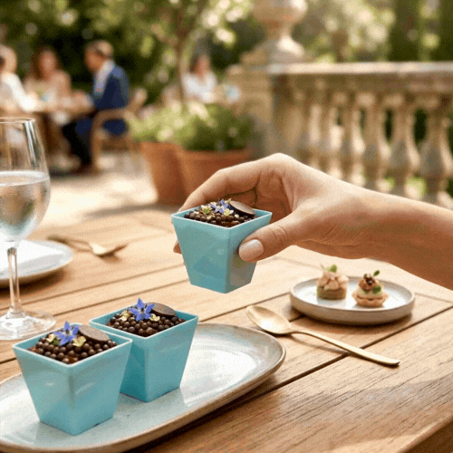 Mini Serve 2 oz Square Baby Blue Plastic Mini Kova Cup - Limited Edition - 2" x 2" x 1 3/4" - 100 count box