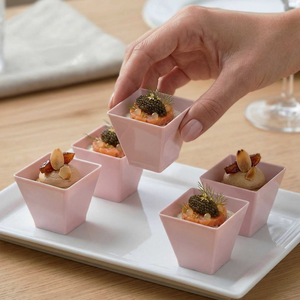 Mini Serve 2 oz Square Powder Pink Plastic Mini Kova Cup - Limited Edition - 2" x 2" x 1 3/4" - 100 count box