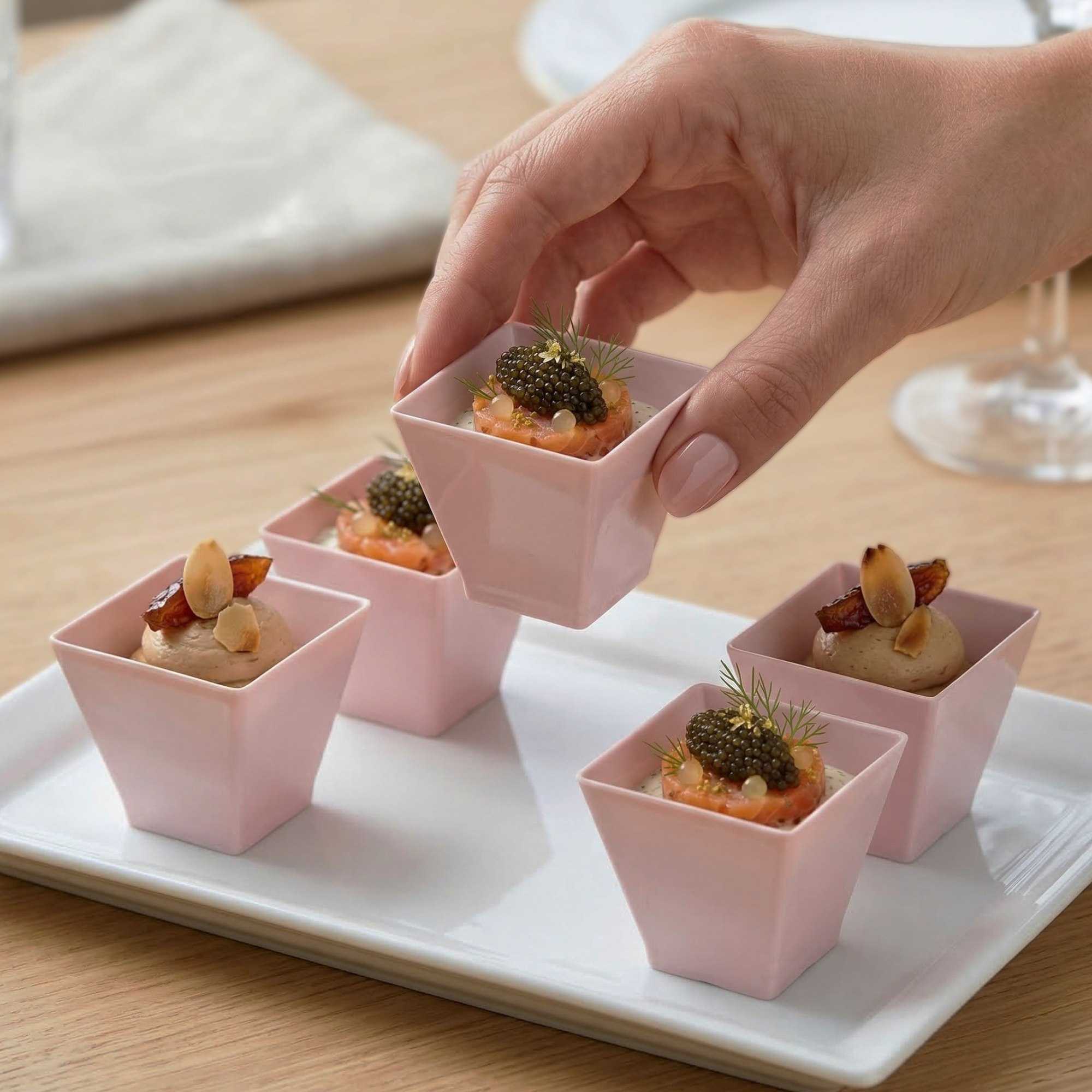 Mini Serve 2 oz Square Powder Pink Plastic Mini Kova Cup - Limited Edition - 2" x 2" x 1 3/4" - 100 count box