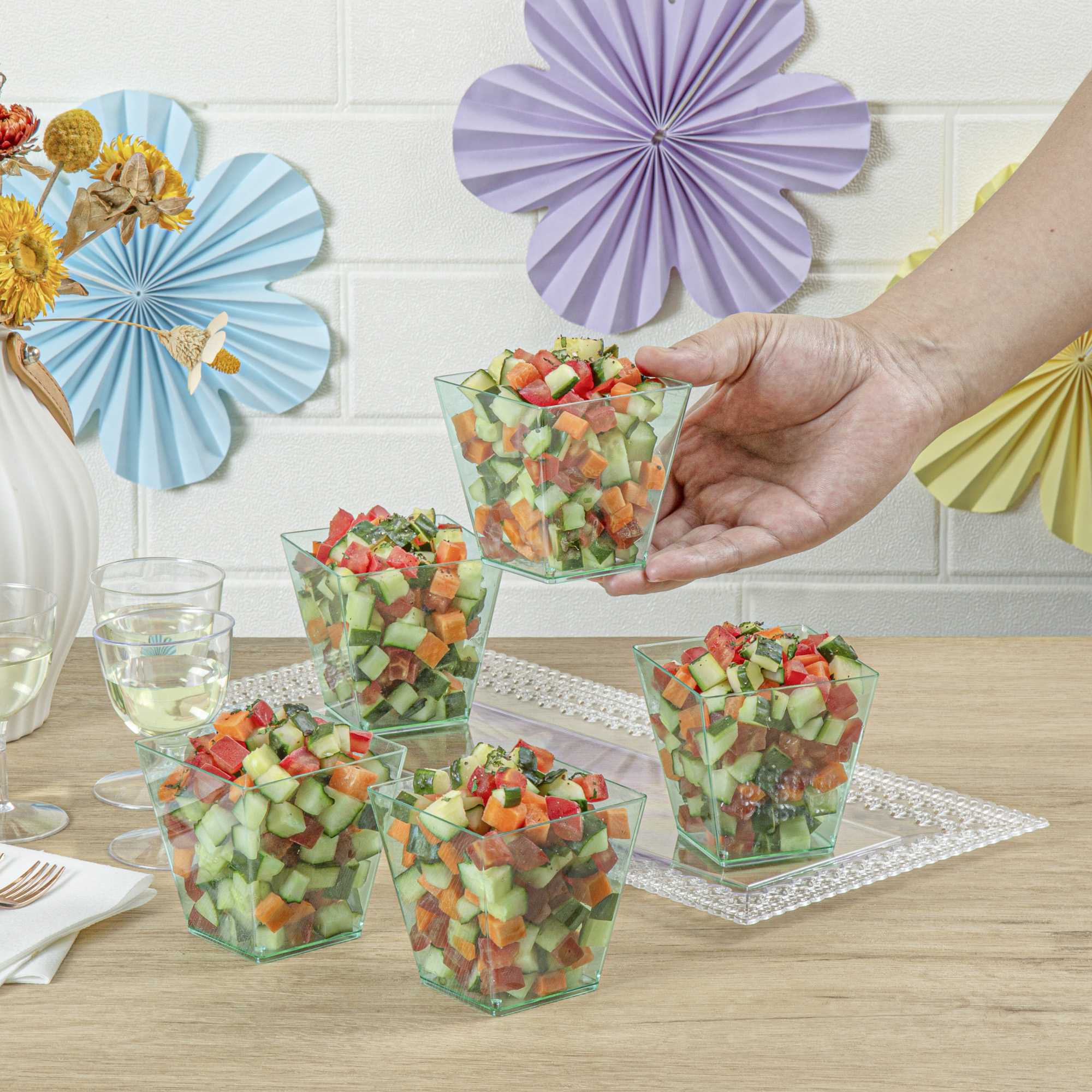 Mini Serve 8 oz Square Seagreen Plastic Large Kova Cup - 2 3/4" x 2 3/4" x 2 3/4" - 20 count box