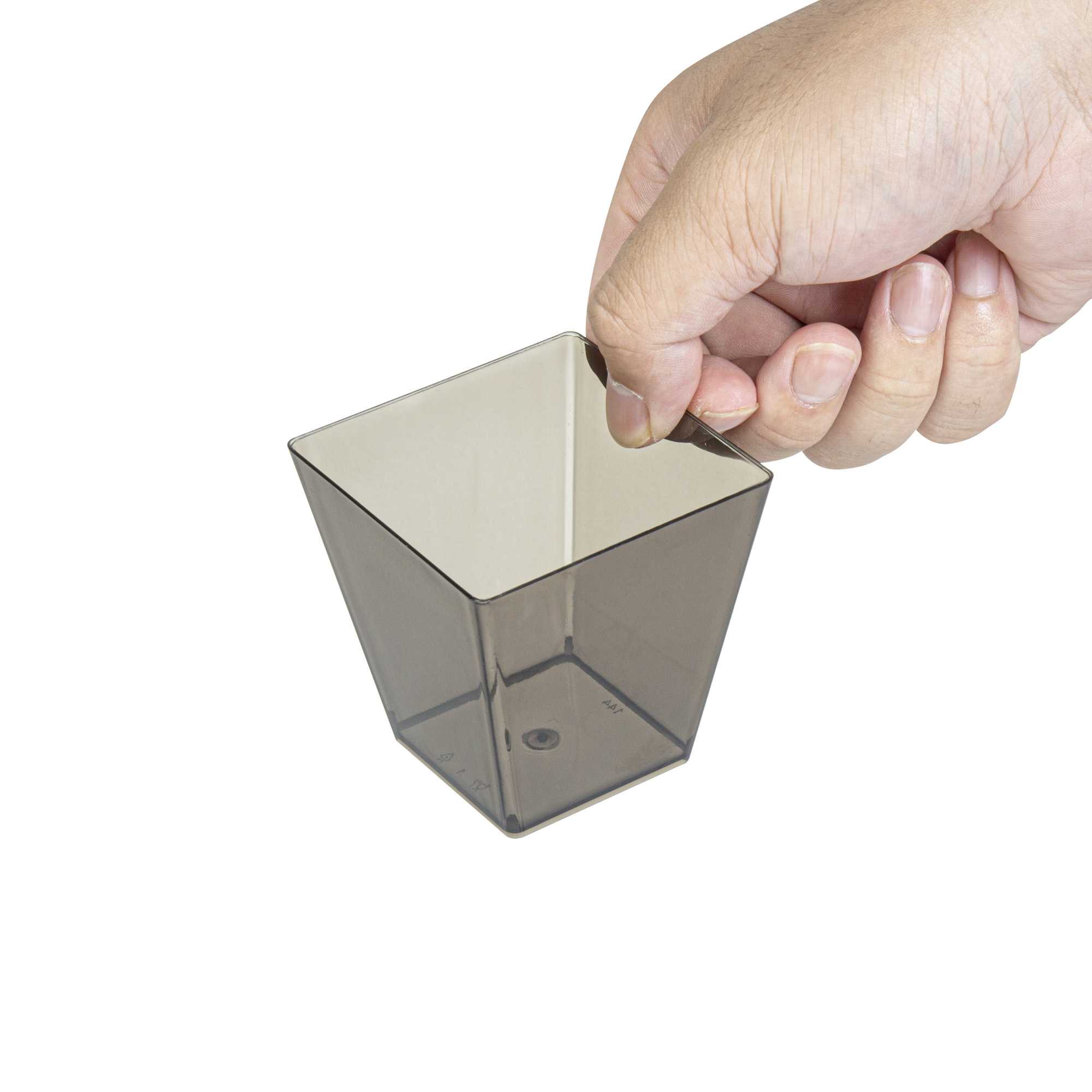 Mini Serve 8 oz Square Smoked Gray Plastic Large Kova Cup - 2 3/4" x 2 3/4" x 2 3/4" - 25 count box