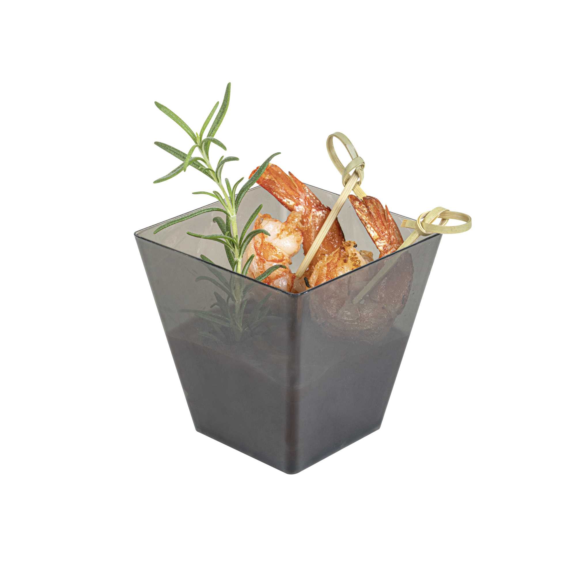 Mini Serve 8 oz Square Smoked Gray Plastic Large Kova Cup - 2 3/4" x 2 3/4" x 2 3/4" - 25 count box
