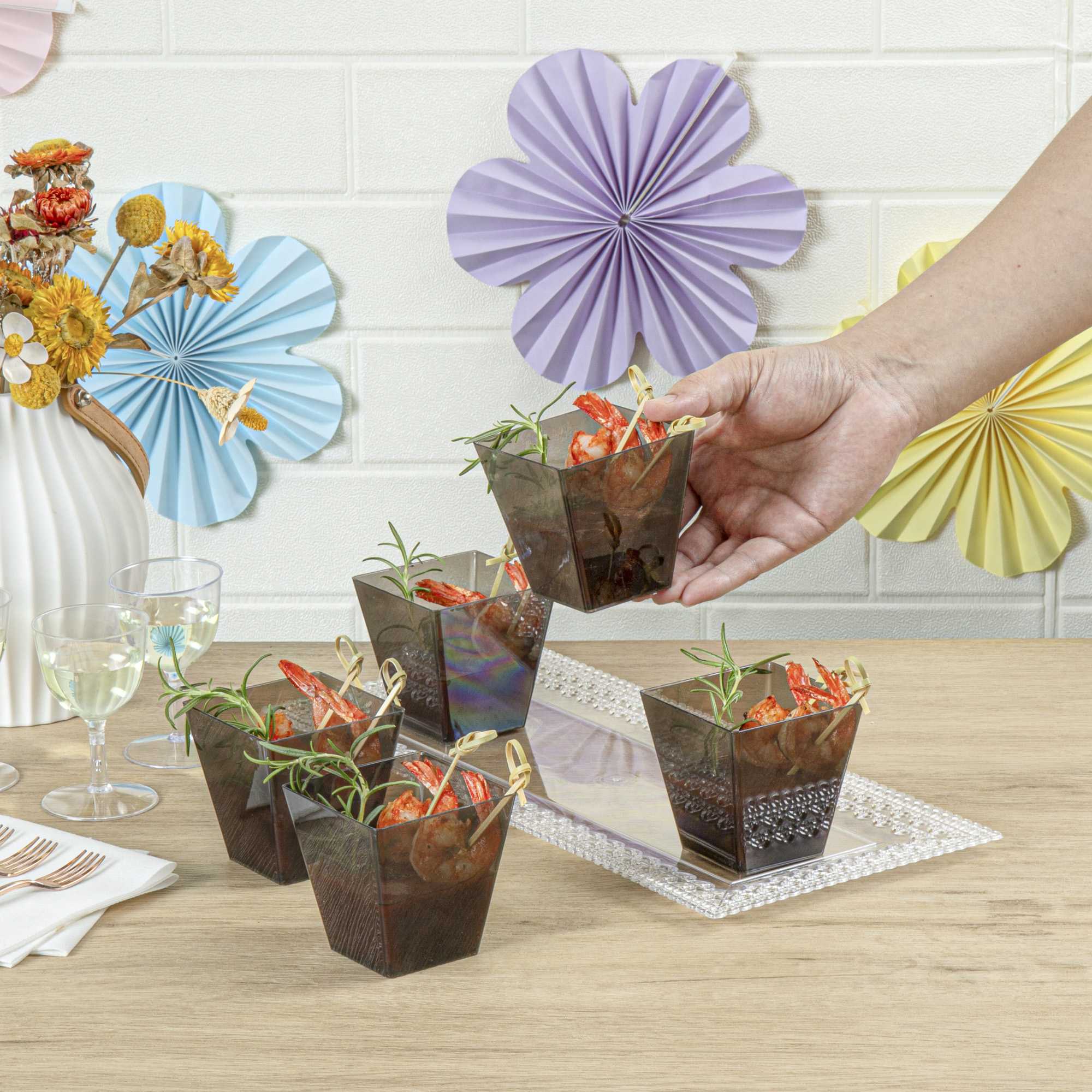 Mini Serve 8 oz Square Smoked Gray Plastic Large Kova Cup - 2 3/4" x 2 3/4" x 2 3/4" - 100 count box