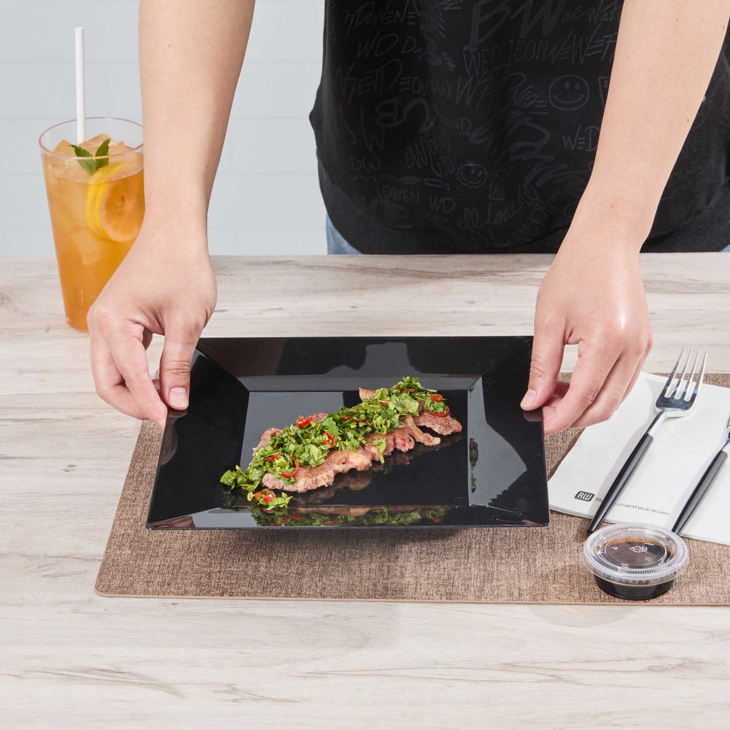 Maxi Serve Square Black Plastic Modern Plate - 9 1/2" x 9 1/2" x 1/2" - 100 count box