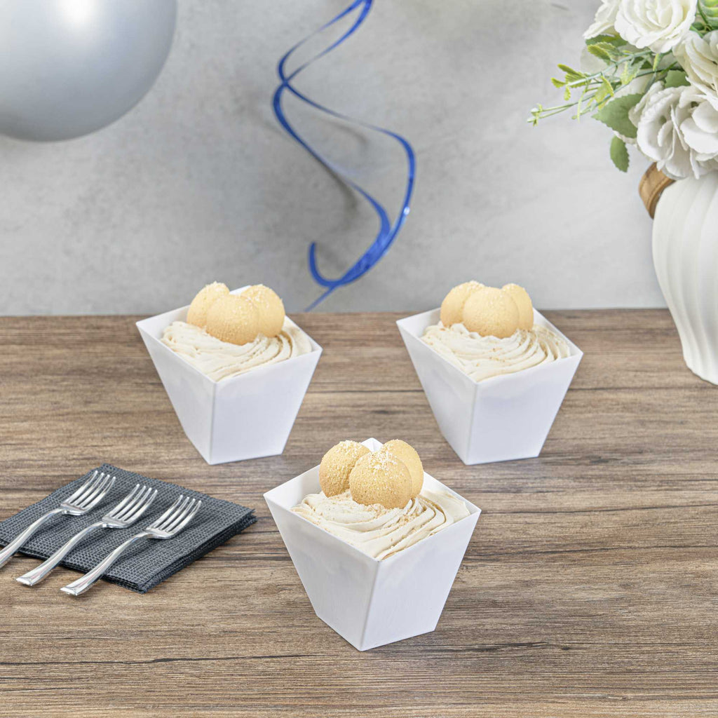 Mini Serve 6 oz Square White Plastic Large Girata Dish - 3 1/4" x 2 3/4" x 3" - 100 count box