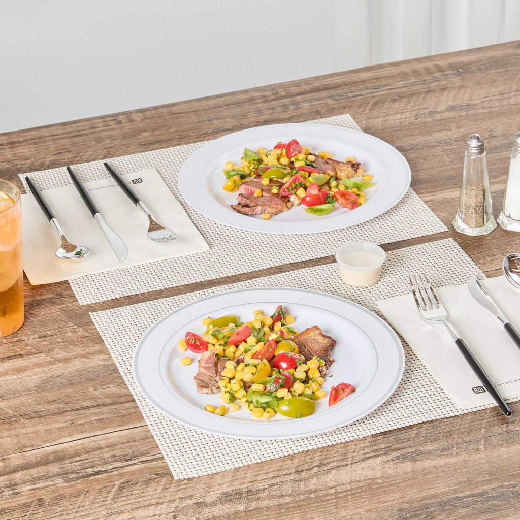 Maxi Serve Round White Plastic Silver-Rimmed Plate - 10 1/2" x 10 1/2" x 1/2" - 100 count box