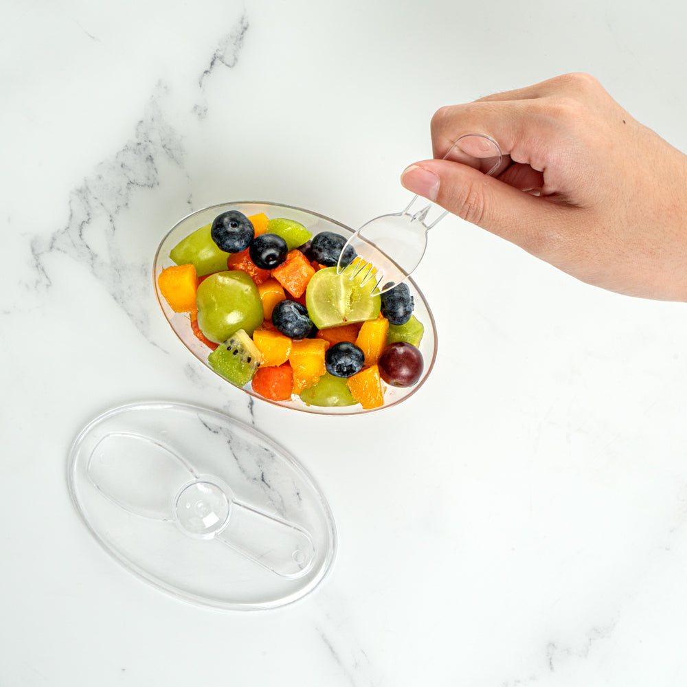 Mini Serve 4 oz Oval Clear Plastic Deli Cup - with Spork in Lid - 4 1/2" x 2 3/4" x 2 3/4" - 100 count box