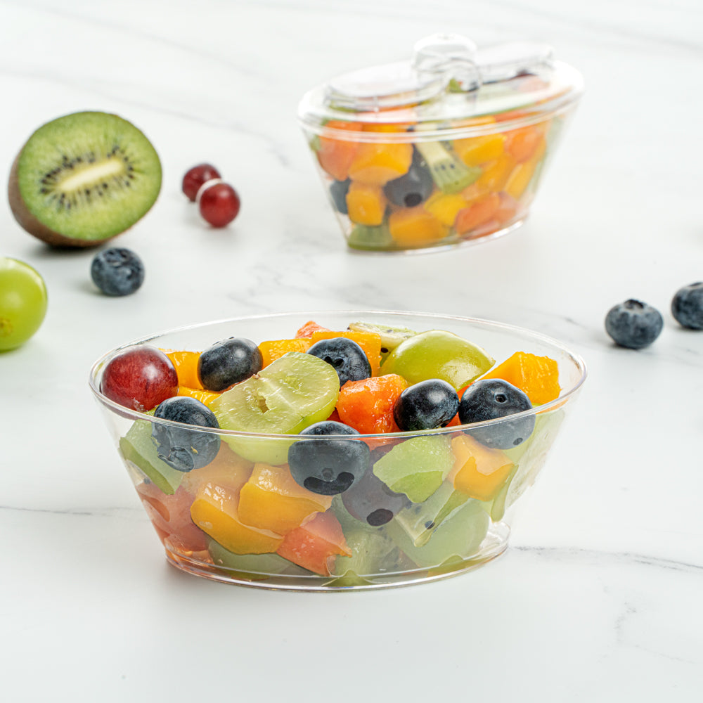 Mini Serve 4 oz Oval Clear Plastic Deli Cup - with Spork in Lid - 4 1/2" x 2 3/4" x 2 3/4" - 100 count box
