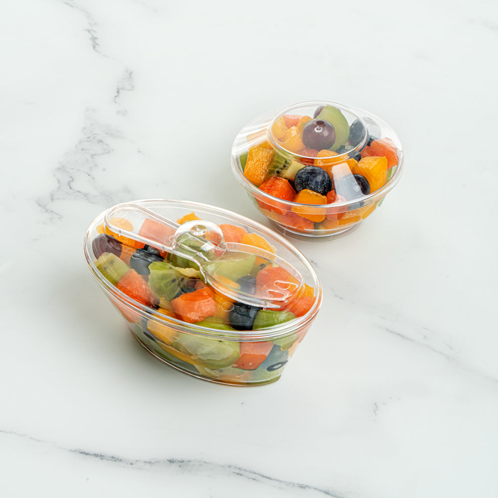 Mini Serve 4 oz Oval Clear Plastic Deli Cup - with Spork in Lid - 4 1/2" x 2 3/4" x 2 3/4" - 100 count box