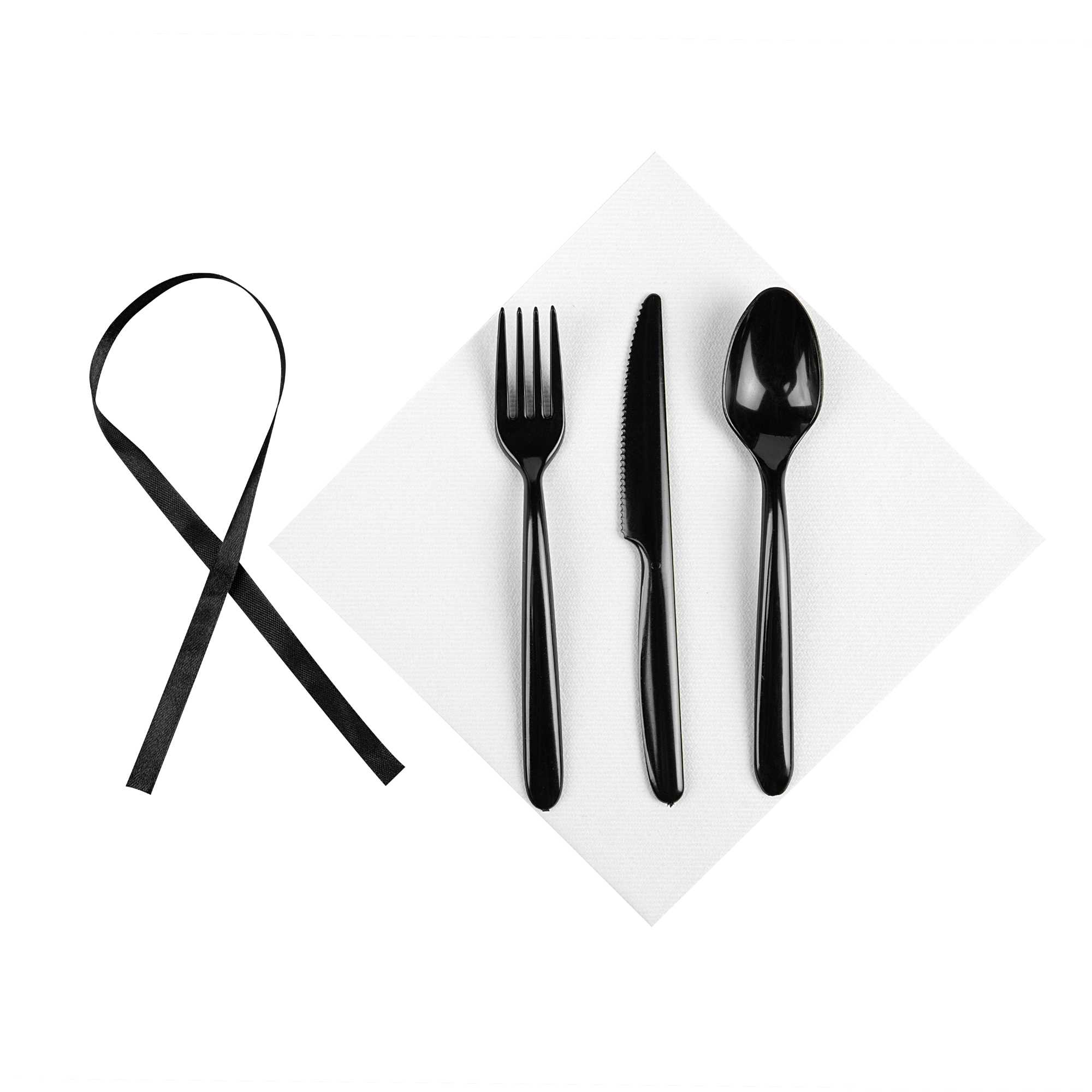 Moderna Black Plastic Cutlery Set - with White Napkin, Black Ribbon - 7 1/4" x 2" x 1 3/4" - 100 count box