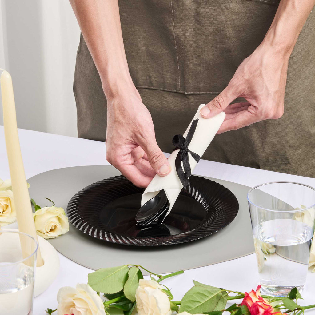 Moderna Black Plastic Cutlery Set - with White Napkin, Black Ribbon - 7 1/4" x 2" x 1 3/4" - 100 count box