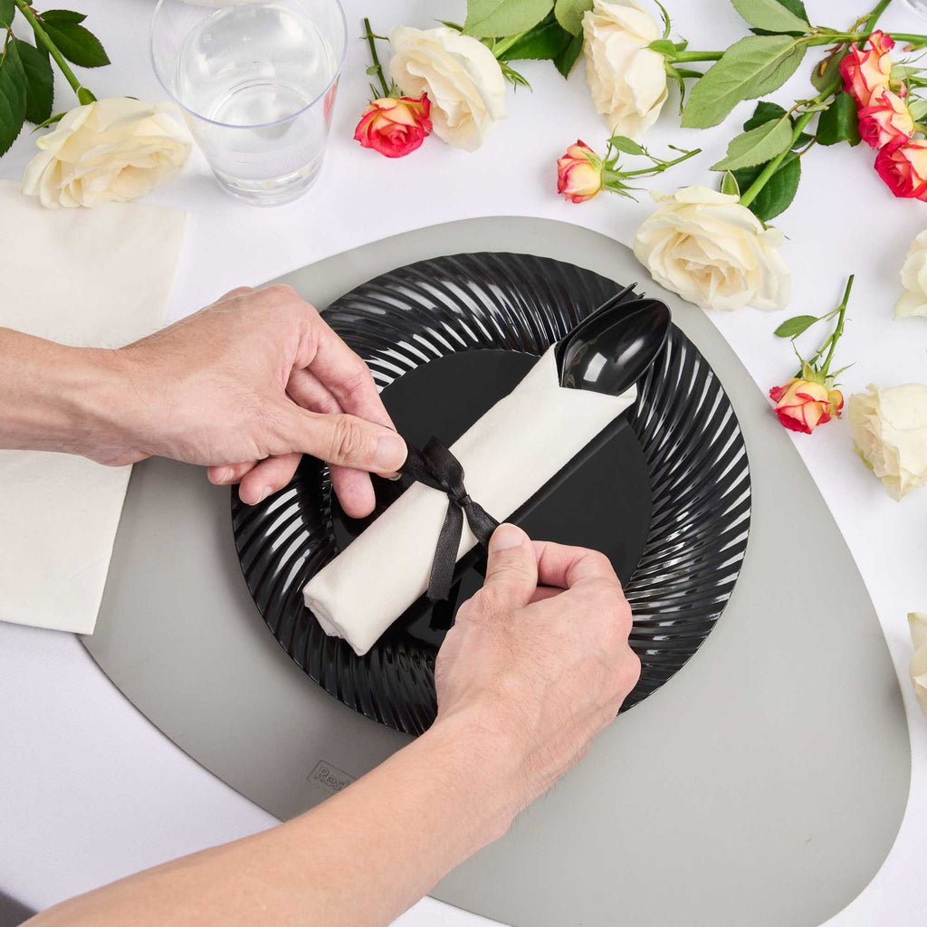 Moderna Black Plastic Cutlery Set - with White Napkin, Black Ribbon - 7 1/4" x 2" x 1 3/4" - 100 count box