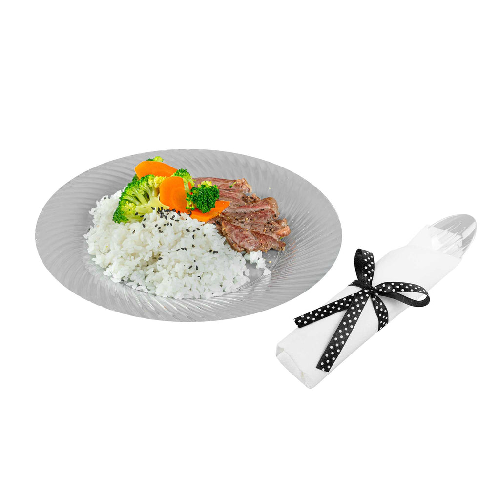 Moderna Clear Plastic Cutlery Set - with White Napkin, Polka Dot Ribbon - 7 1/4" x 2" x 1 3/4" - 100 count box