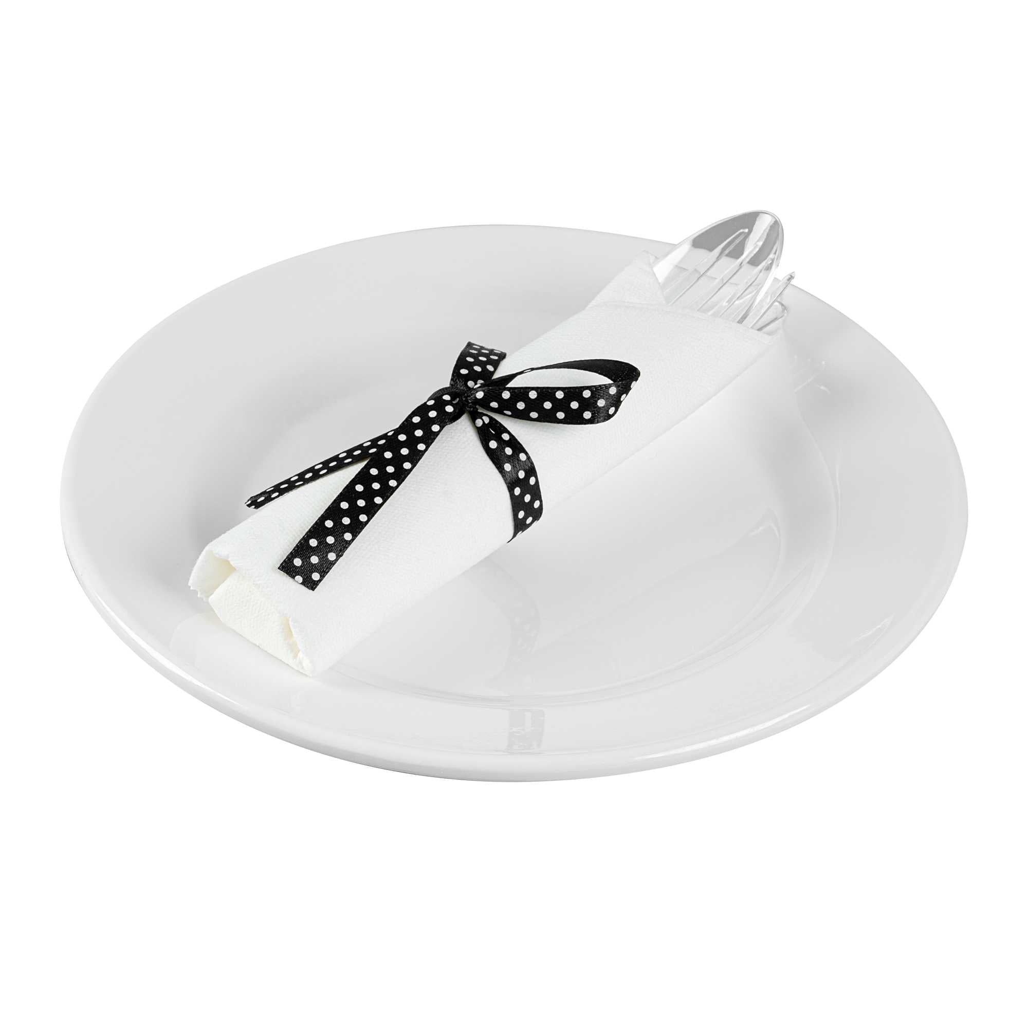 Moderna Clear Plastic Cutlery Set - with White Napkin, Polka Dot Ribbon - 7 1/4" x 2" x 1 3/4" - 100 count box