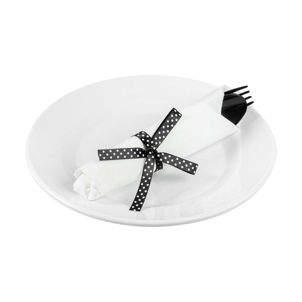 Argento Black Plastic Cutlery Set - with White Napkin, Polka Dot Ribbon - 7 1/4" x 2" x 1 3/4" - 100 count box