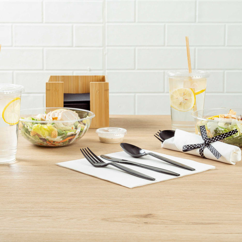 Argento Black Plastic Cutlery Set - with White Napkin, Polka Dot Ribbon - 7 1/4" x 2" x 1 3/4" - 100 count box