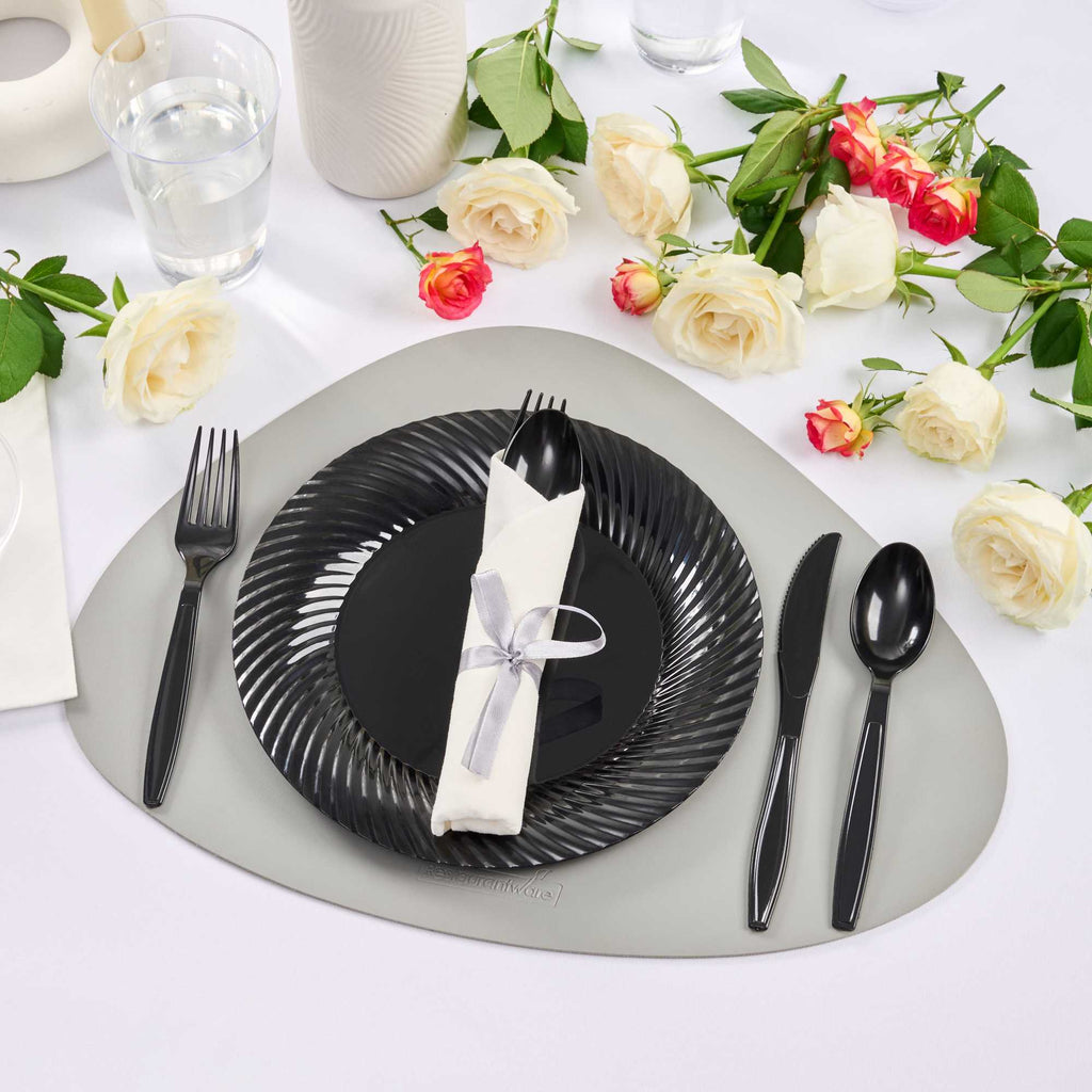 Argento Black Plastic Cutlery Set - with White Napkin, Silver Ribbon - 7 1/4" x 2" x 1 3/4" - 100 count box