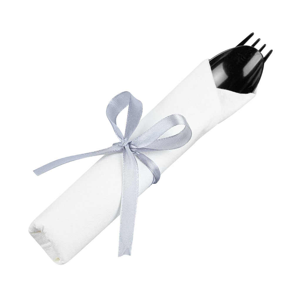 Argento Black Plastic Cutlery Set - with White Napkin, Silver Ribbon - 7 1/4" x 2" x 1 3/4" - 100 count box