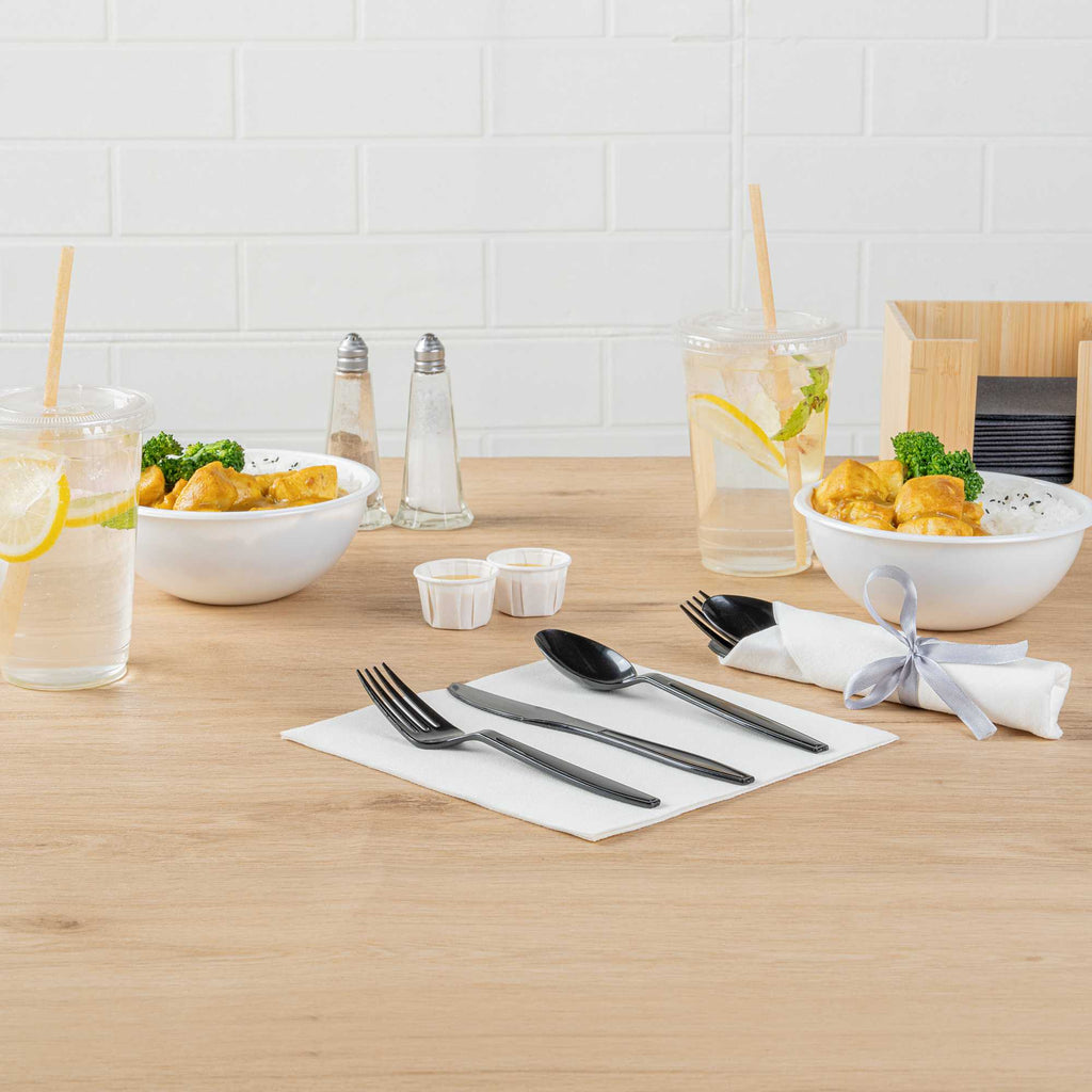 Argento Black Plastic Cutlery Set - with White Napkin, Silver Ribbon - 7 1/4" x 2" x 1 3/4" - 100 count box