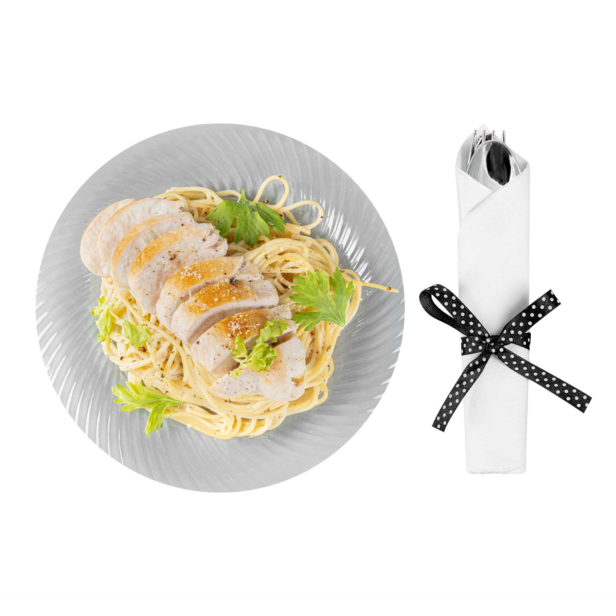 Argento Silver Plastic Cutlery Set - with White Napkin, Polka Dot Ribbon - 7 1/4" x 2" x 1 3/4" - 100 count box