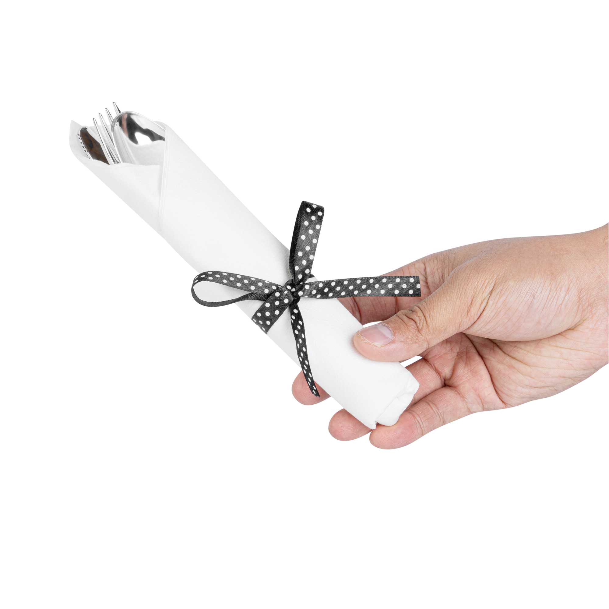 Argento Silver Plastic Cutlery Set - with White Napkin, Polka Dot Ribbon - 7 1/4" x 2" x 1 3/4" - 100 count box