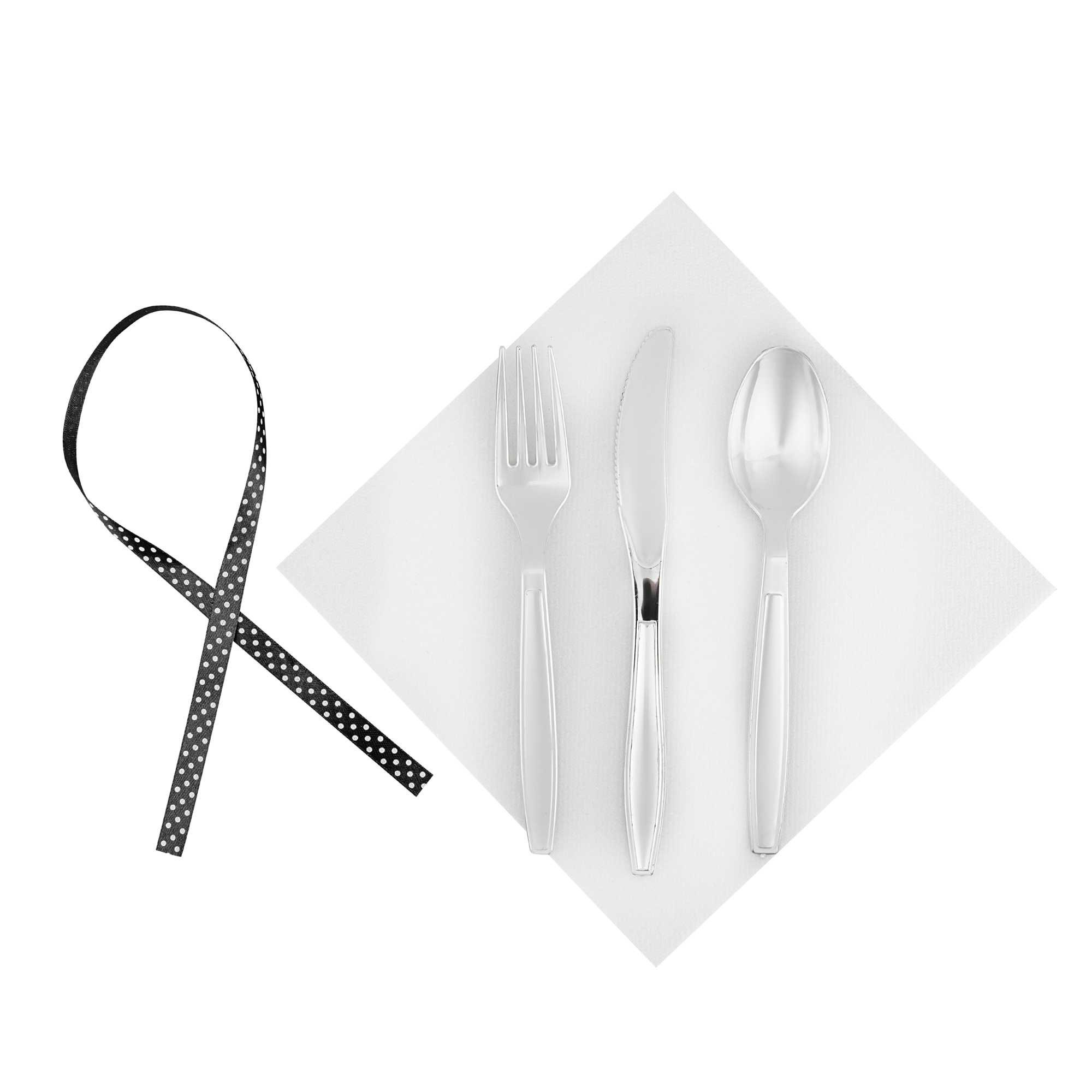 Argento Silver Plastic Cutlery Set - with White Napkin, Polka Dot Ribbon - 7 1/4" x 2" x 1 3/4" - 100 count box