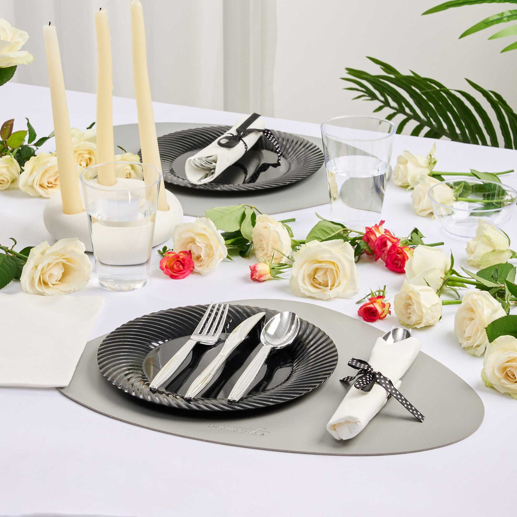 Argento Silver Plastic Cutlery Set - with White Napkin, Polka Dot Ribbon - 7 1/4" x 2" x 1 3/4" - 100 count box