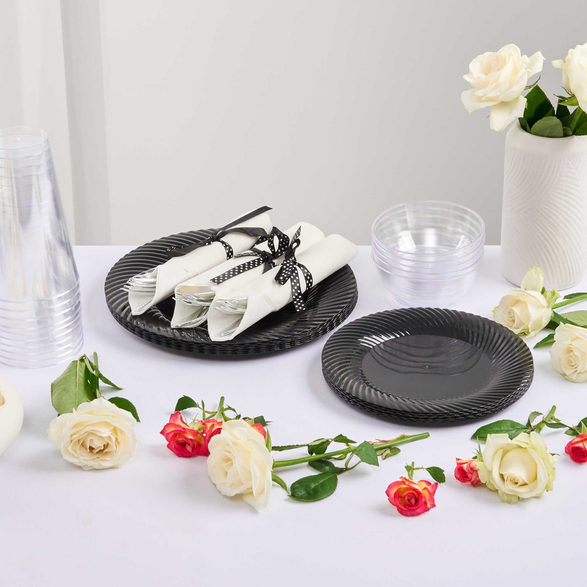 Argento Silver Plastic Cutlery Set - with White Napkin, Polka Dot Ribbon - 7 1/4" x 2" x 1 3/4" - 100 count box