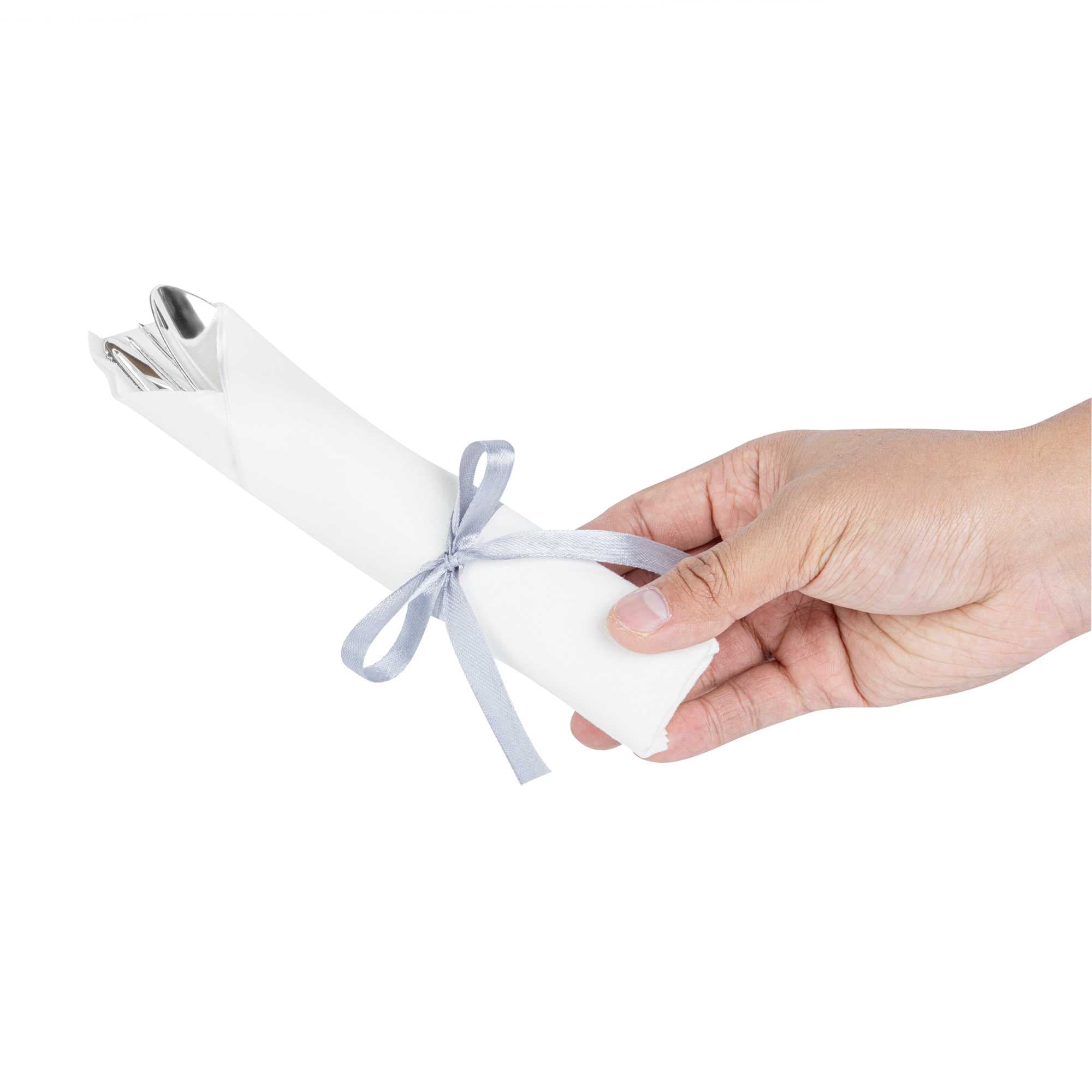Argento Silver Plastic Cutlery Set - with White Napkin, Silver Ribbon - 7 1/4" x 2" x 1 3/4" - 100 count box
